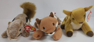 Beanie Babies Chipper Ardilla, Sly Fox y Whisper the Fawn con errores de etiqueta Foto 1 de 4