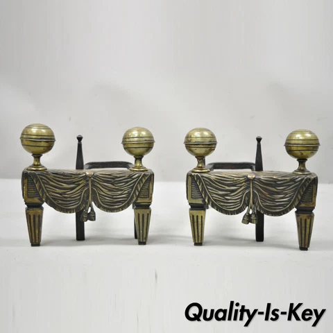 French Empire Bronze Drape & Tassel Cannonball Chenet Small Andirons - a Pair Cover