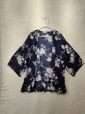 Pleione Women Kimono Large Blue Floral Polyester 3/4 Flare Sleeve Open Cardigan Foto 1 de 4