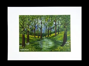 Pintura Original en Tarjeta Blanca Montaje "Stream Through the Woods" por Judith Rowe - Imagen 1 de 1