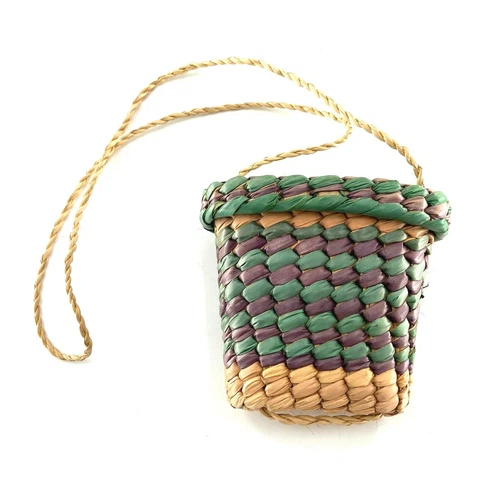 Small Straw Bag Basket With Cap Wall Hanging Multi Color Primitive Home Cover