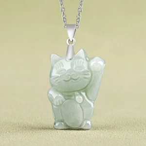 Burmese Jade Cat Pendant Jadeite 925 Silver Natural Jewelry White Necklace - Picture 1 of 4