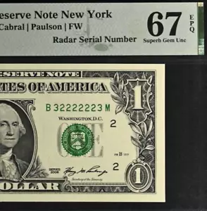 Top Pop 2006 $1 FRN PMG 67EPQ highest graded super radar serial number 32222223 - Picture 1 of 4