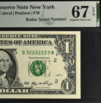 Top Pop 2006 $1 FRN PMG 67EPQ highest graded super radar serial number 32222223 - Image 1 of 4