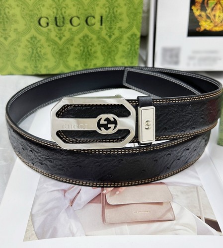 GUCCI 24k boucle acier pur argent 4cm ceinture homme sculpté cuir noir 90/36