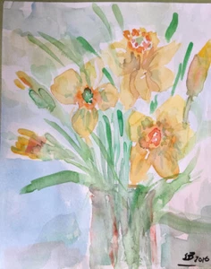 Watercolour Painting “Daffodil Glory” Spring Yellow Green Mothers Day Gift - Picture 1 of 8