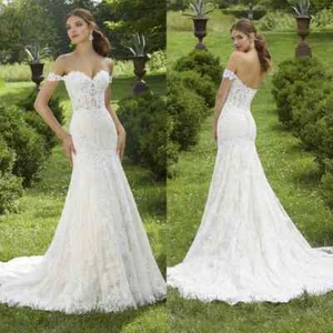 Elegant Mermaid WeddingDresses Off Shoulder Lace Applqiue Court Train BridalGown - Picture 1 of 3