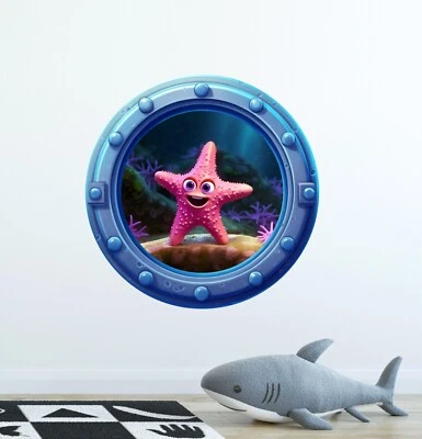 Calcomanía de pared de ventana 3D ojo de buey dibujos animados estrellas de mar océano vida marina arte de pared decoración Foto 1 de 4
