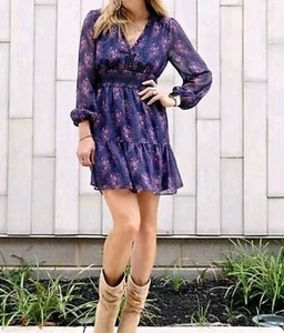 Paige Mini Dress Women's Medium Floral Deep V-neck Boho Tiered Navy Blouson NWT - Picture 1 of 8