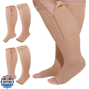 Hillban 2 Pair Plus Size Calf Zipper Compression Socks 15 to 25 Mmhg Open Toe - Picture 1 of 5