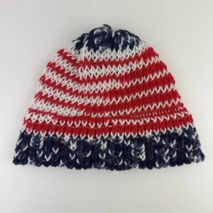 USA Handmade Womens Hand Knit Beanie Hat Cap 4th Of July Patriotic American Flag - Picture 1 of 11
