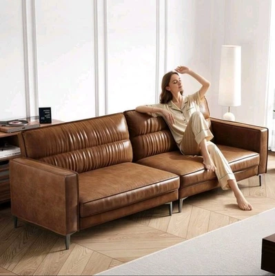 2.2m Brown Leather Sofa Steel Legs 3-Seater Genuine Leather Chesterfield Couch