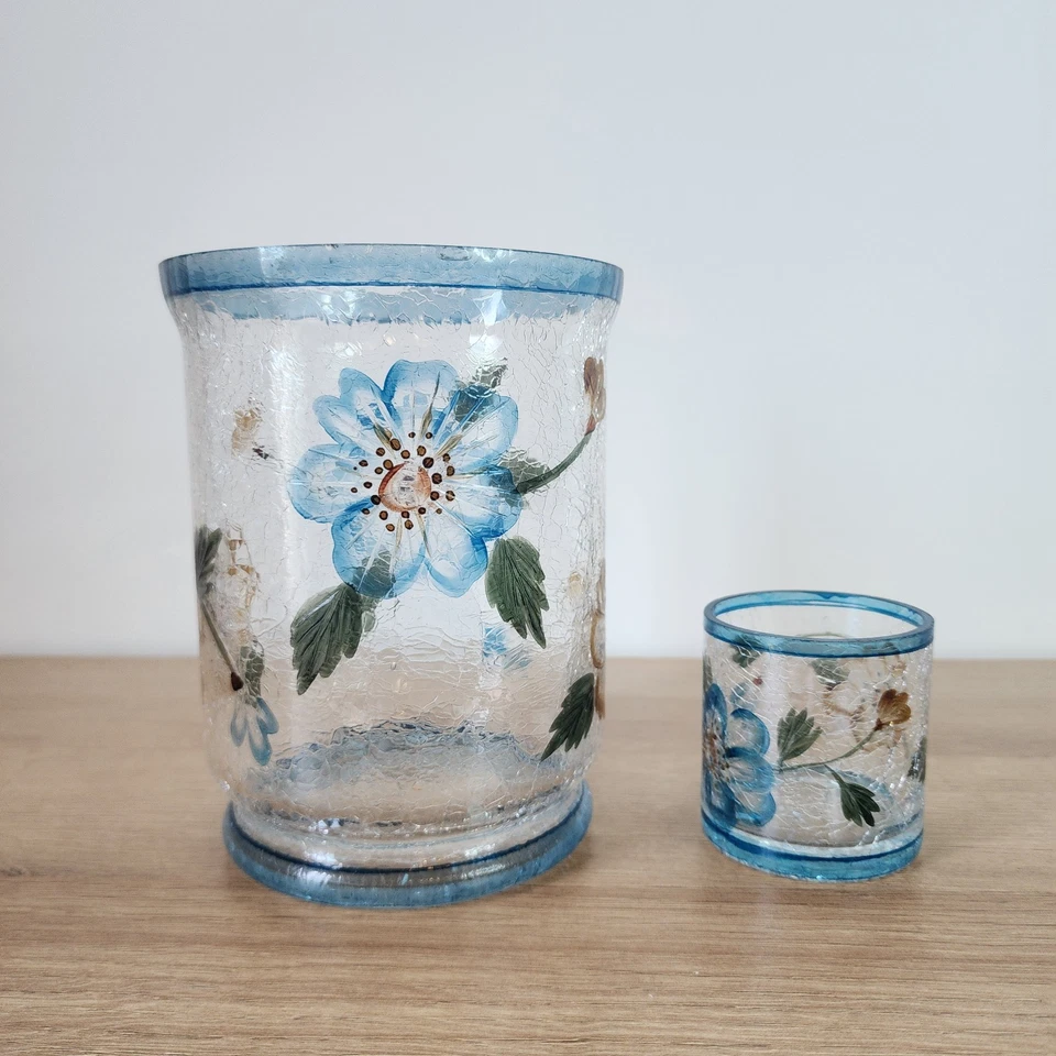 Yankee Candle Blue Flower Crackled Glass Set Hurricane Glass and Votive Holders - Image 1 of 3
