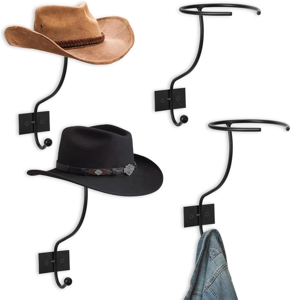QUUREN Cowboy Hat Rack for Wall 4 Pack Rustic Metal Cowboy Hat Holder Cast Iron