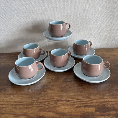 Vintage Langley / Denby Lucerne Cups & Saucers Stoneware Twin Tone Blue / Brwn - Image 1 of 4