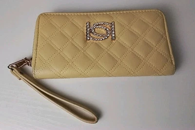 BEBE ЖЕЛТЫЙ СТЕГАНЫЙ ZAZA БРИЛЛИАНТЫ, МОЛНИИ ВОКРУГ БУМАЖНИК ЗОЛОТОЙ ФУРНИТУРЫ - Изображение 1 из 4