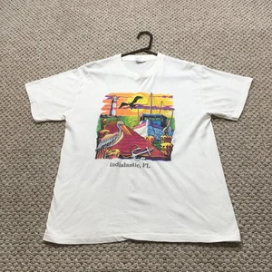 Vintage 80s Hanes Graphic T-shirt Mens Medium Boxy White Indialantic Florida - Picture 1 of 9