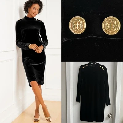 $149 TALBOTS NWT Women's Medium Velvet Button Shift Dress Classy Elegant Black - Image 1 of 4