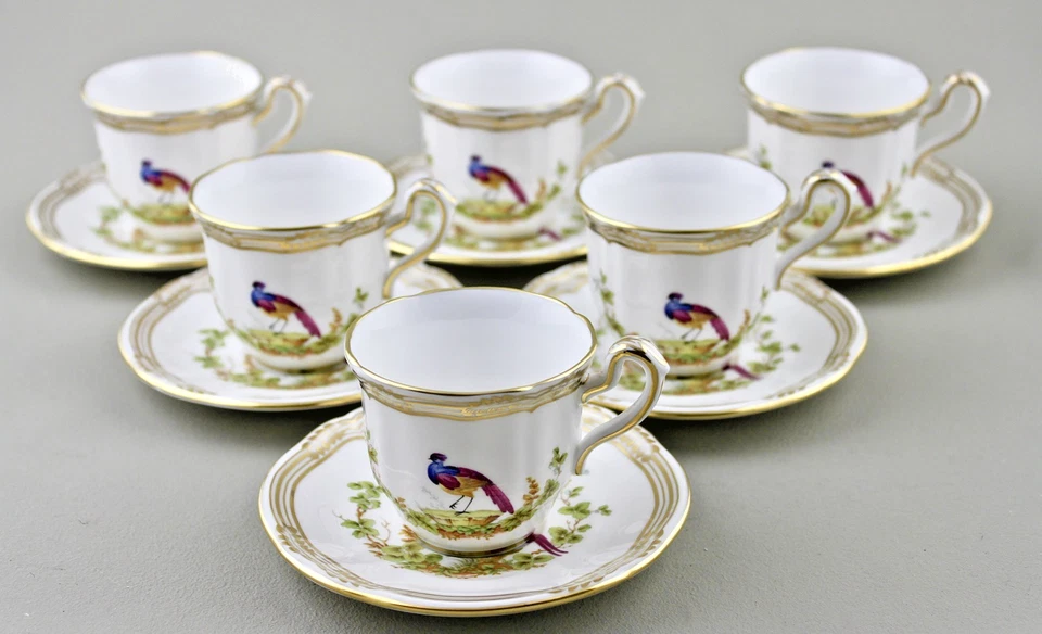 SPODE CHELSEA BIRD COFFEE DEMITASSE CUPS & SAUCERS X 6 ROYAL PROVENANCE - MINT! - Image 1 of 4