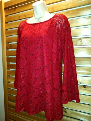 КРАСНЫЙ ослепительный блестками кружева женщин средний блузка вечеринки событие танец с подкладкой эластичной - Изображение 1 из 4