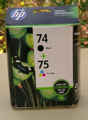 Paquete combinado de cartuchos de tinta tricolor NOS HP 74 negro + 75 - tinta fecha de garantía pasada Foto 1 de 3