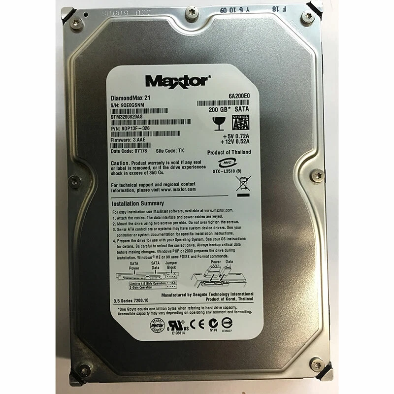 9DP13F-326 - Maxtor 200GB 7200 RPM SATA 3.5" HDD - Image 1 of 1