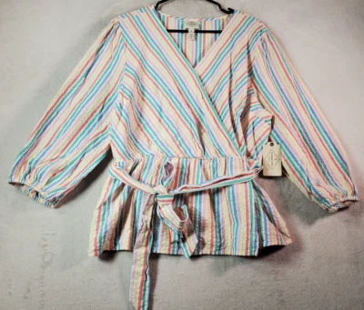 St. John's Bay Blouse Top Womens XL Multi Striped Cotton Long Sleeve Wrap V Neck — 第 1/4 张图片
