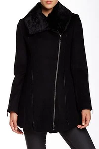 Dawn Levy Lillie Real Fur Collar Leather Trim Wool Coat Asymmetric Zip Jacket *L - Picture 1 of 3