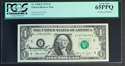NQC Francine I. Neff Courtesy Autographed Fr. 1908-E 1974 $1 FRN GN 65 PPQ - Image 1 of 2