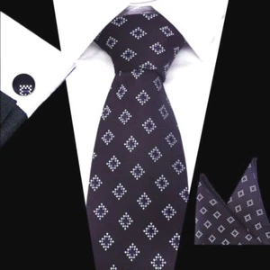 100% Pure Silk Neck Tie Cufflink & Handkerchief Set Purple with Silver Diamonds - Picture 1 of 1