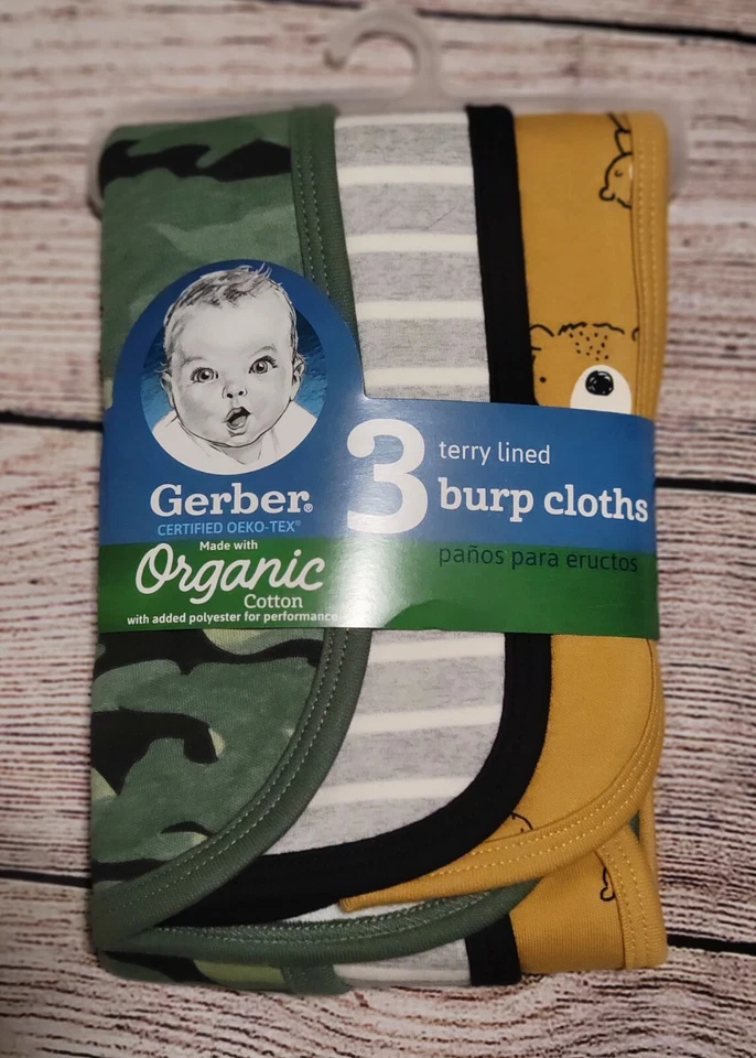 NUEVO CON ETIQUETAS Gerber Bebé Niño PAÑOS ERUCTOS 3p Set Terry OSOS/CAMUFLAJE/Gris salvaje/Verde Foto 1 de 1