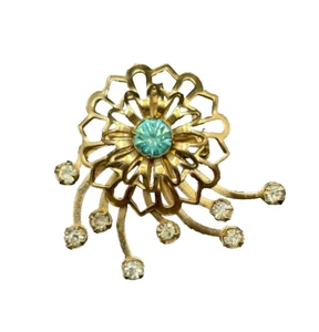 Vintage Gold-Tone Flower Spray Brooch Pendant Aquamarine Rhinestone Center - Picture 1 of 7