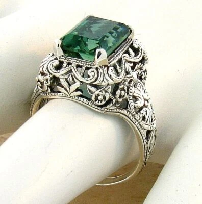 ANILLO FILIGRANA ESMERALDA SIMULADA PLATA ESTERLINA SÓLIDA 925 ESTILO ANTIGUO #747 Foto 1 de 3