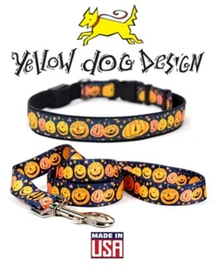 Mittelgroßes HALLOWEEN Hundehalsband & Leine Set HERBST geschnitzte Kürbisse gelb Hund Design - Bild 1 von 4