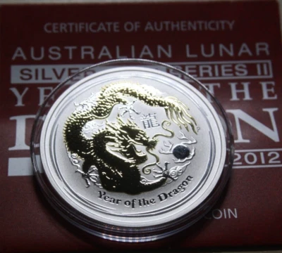 Australien 1 Dollar 2012-P Silber Lunar II "Year of the Dragon" #F7158 BU-gildet - Bild 1 von 4