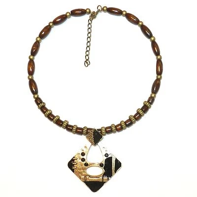 FN249 Wood Necklace with Gold Pewter Alloy Metal Focal Pendant w Rhinestone 15" - Image 1 of 2