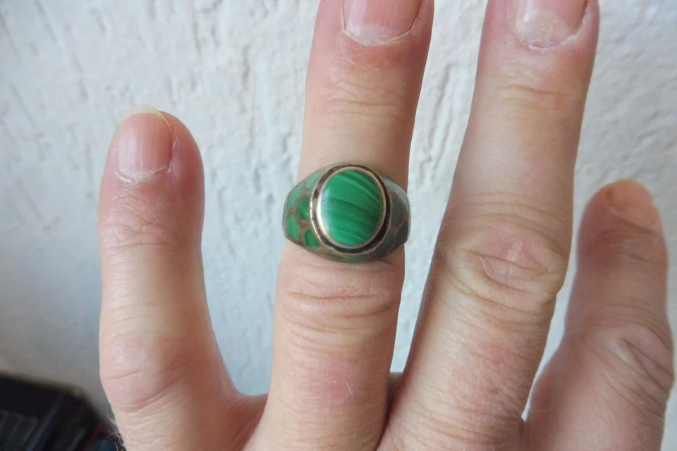 Anello, Argento 925 Con Malachite, Bello, Vecchio Anello In Argento - Immagine 1 di 4