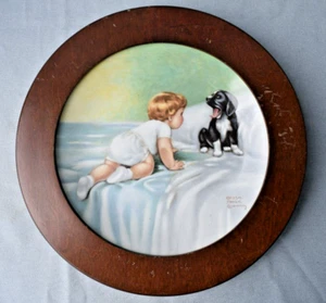 Bessie Pease Gutmann ~ Bebé y perro somnolientos ~ 3er plato Hamilton ~ con marco de bardo - Imagen 1 de 4