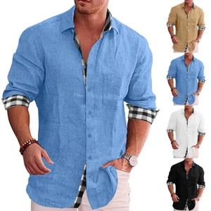 Mens Cotton Linen Grandad Shirt Smart Work Casual Slim Fit Long Sleeve Tops Size - Picture 1 of 28