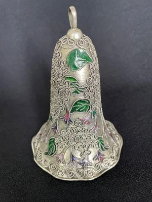 Adorno Campana de Peltre Vintage Cloisonne Esmaltado Hojas y Flores Numeradas 1642 Foto 1 de 4