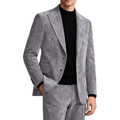 Mens Suede Blazer Suit Jacket and Pants Set Peak Lapel Elegant Style-Gray-NWT - Image 1 of 4