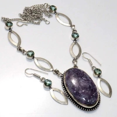 Lepidolite Peridot Jewellery Necklace Earrings Set Handmade Size 19|1.8" AU o081 - Image 1 of 3