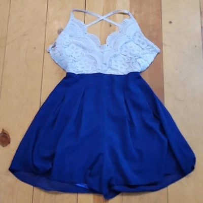 MOXEAY 小号蓝色带白色蕾丝连身裤水手航海复古 — 第 1/4 张图片