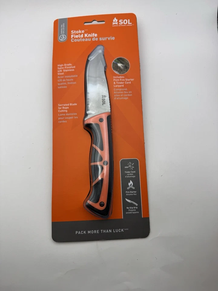 SOL Stoke Field Knife With Tinder Cord Lanyard And Flint Fire Starter & Case