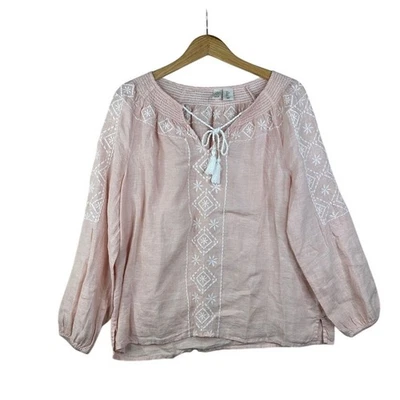 Joie Linen Embroidered Boho Peasant Blouse size Large Pink/White Foto 1 de 4