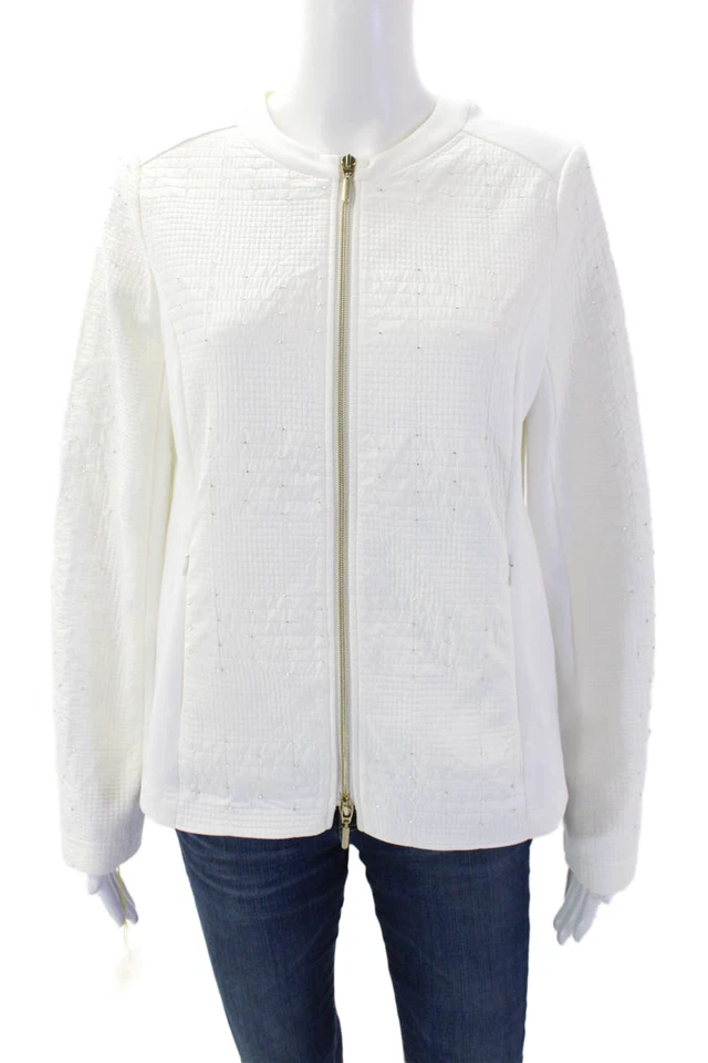 I' Cona Women's Rhinestone Studs Pocket Full Zip Lined Basic Jacket White Size 4 - Image 1 of 4