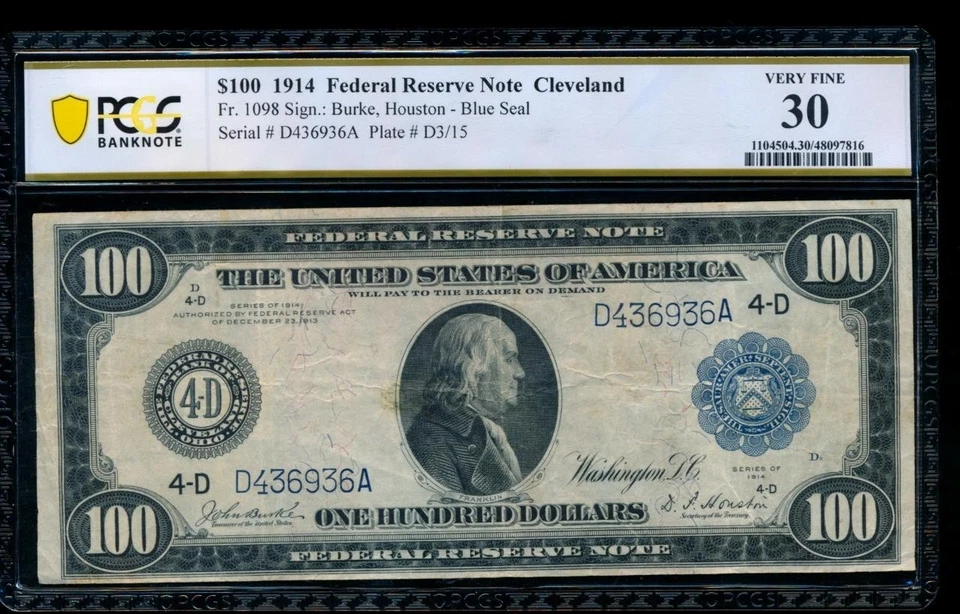 AC Fr 1098 1914 $100 FRN Cleveland PCGS 30 nice large size type - Image 1 of 2