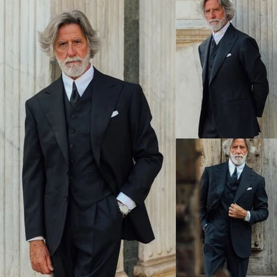 Chaqueta de Esmoquin Negra Para Hombre 3 Piezas Formal de Negocios con Solapa de Pico Cena Noche Abrigo Foto 1 de 4