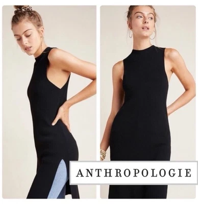 Anthropologie Black Ribbed Mock Neck Bodycon Dress with Thigh Slits Medium Linen - Image 1 of 4