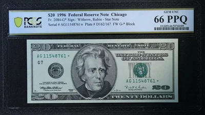 PCGS Gem UNC 66 PPQ 1996 $20 Chicago district Star Note Federal Reserve Note * - Image 1 of 2